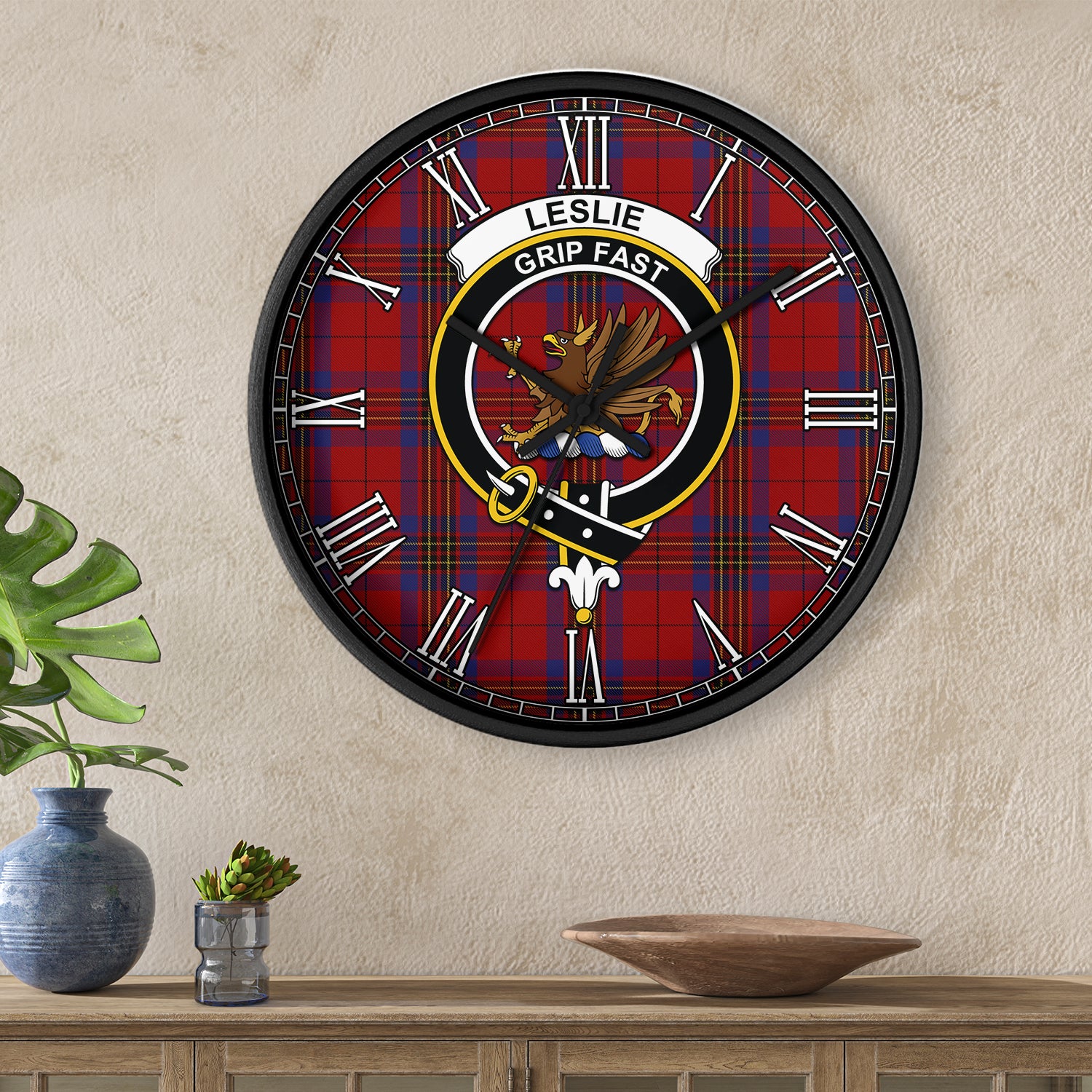 leslie-red-tartan-wall-clock-family-crest-tartan-wall-clock