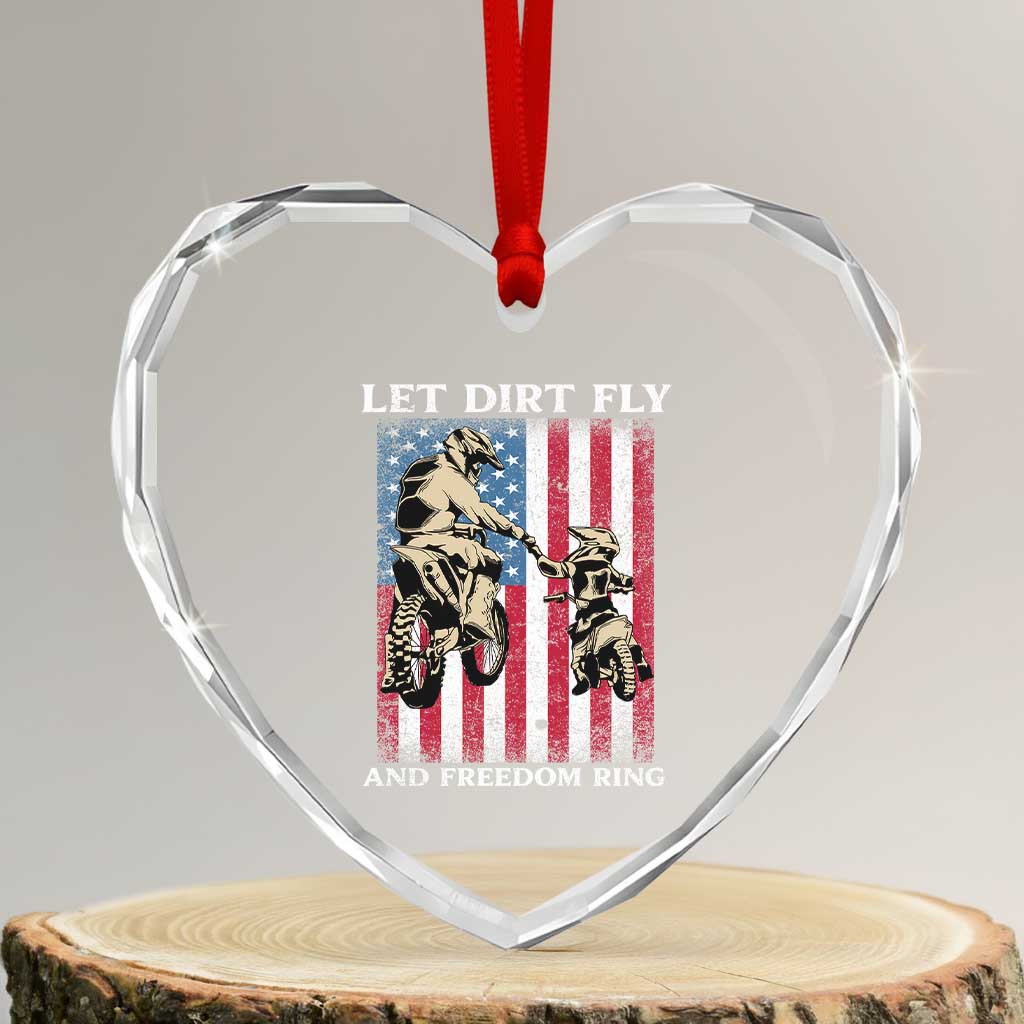 Let Dirt Fly And Freedom Ring Heart Crystal Glass Ornament 4th of July Dirt Bike American Flag