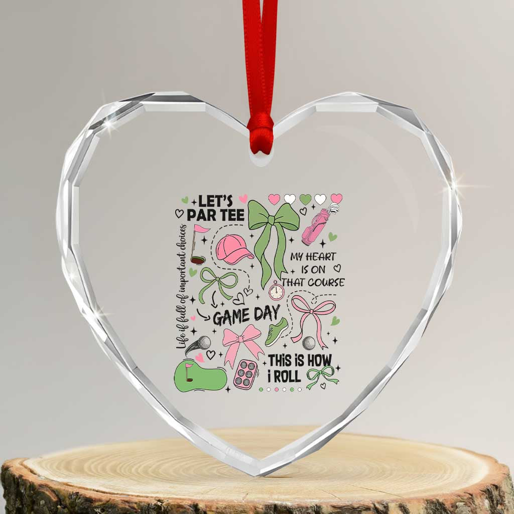Lets Par-tee Coquette Golf Bows Heart Crystal Glass Ornament Pink and Green Gear Girls Game Day Golfing Tradition