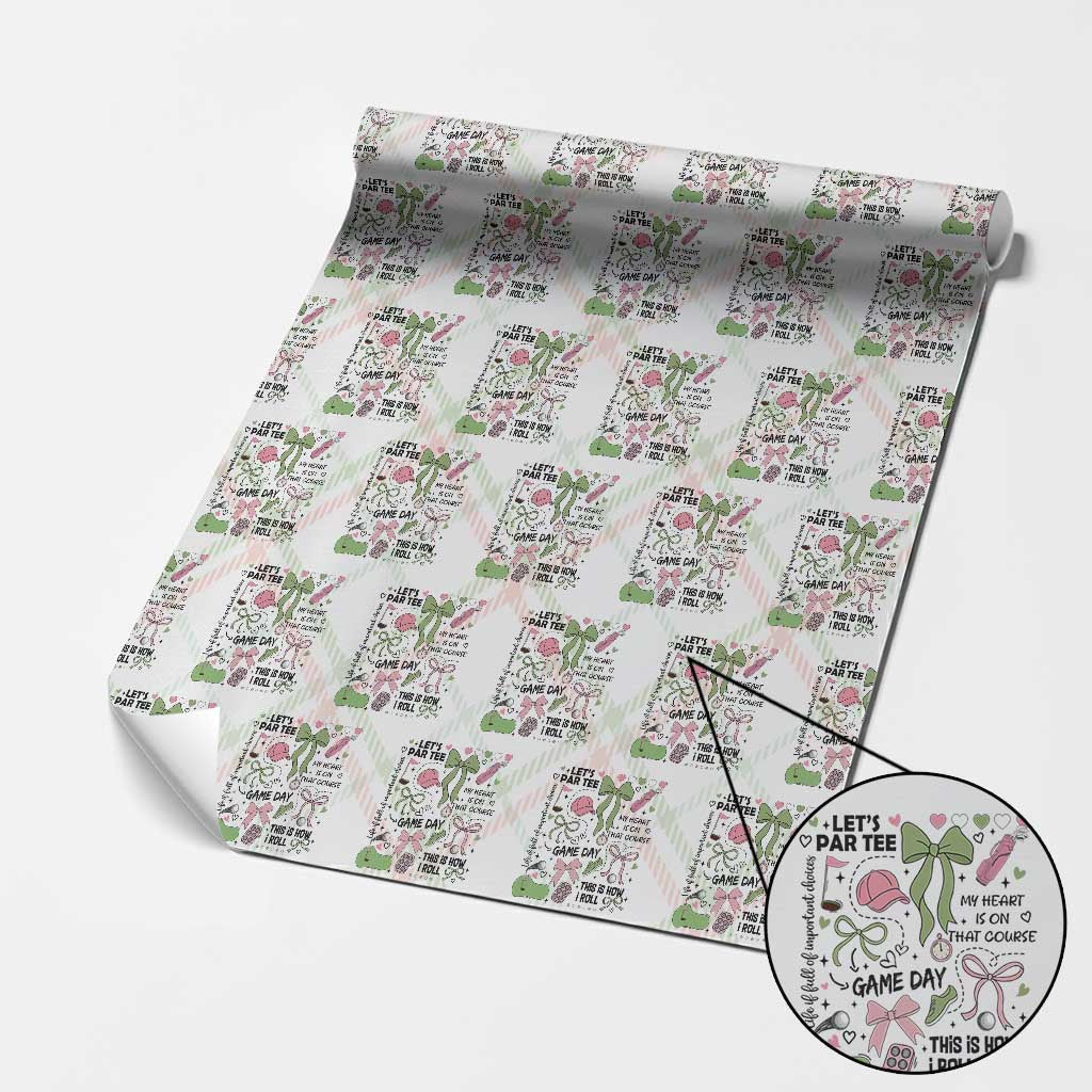 Lets Par-tee Coquette Golf Bows Wrapping Paper Roll Pink and Green Gear Girls Game Day Golfing Tradition