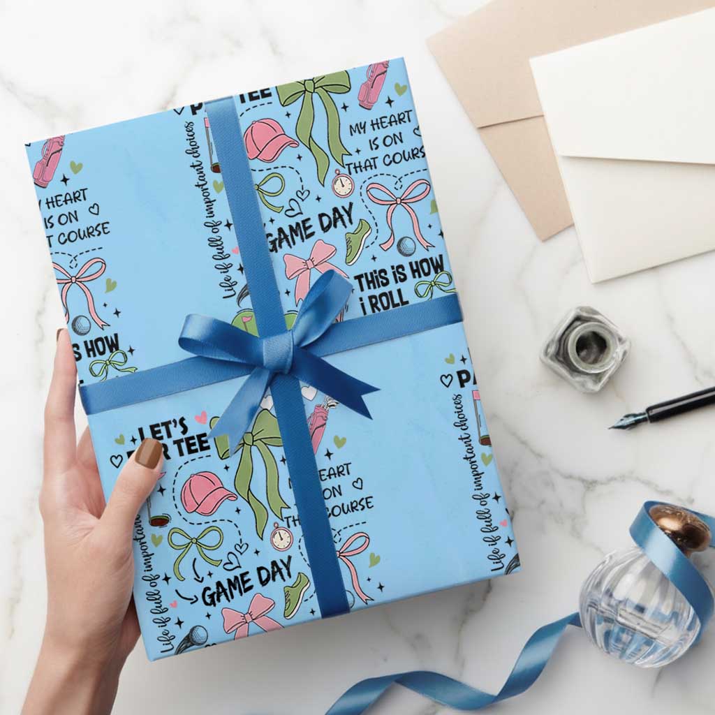 Lets Par-tee Coquette Golf Bows Wrapping Paper Roll Pink and Green Gear Girls Game Day Golfing Tradition