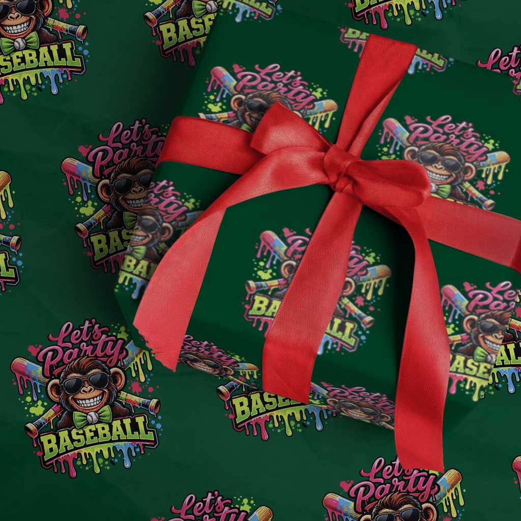 Lets Party Baseball Monkey Neon Dripping Graphic Wrapping Paper Roll Funny Ball Party Game Day Fans