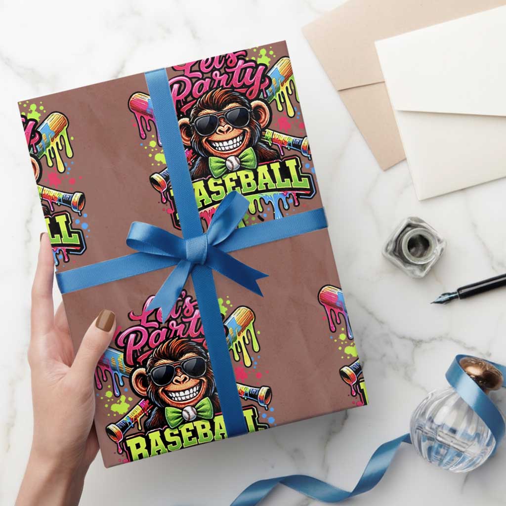 Lets Party Baseball Monkey Neon Dripping Graphic Wrapping Paper Roll Funny Ball Party Game Day Fans