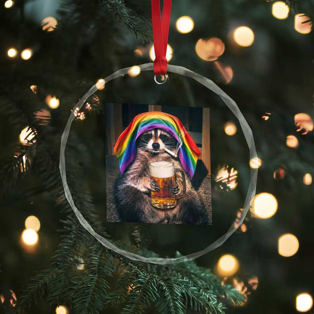 LGBTQ Pride Raccoon Rainbow Flag Crystal Glass Ornament Funny Drinking Beer