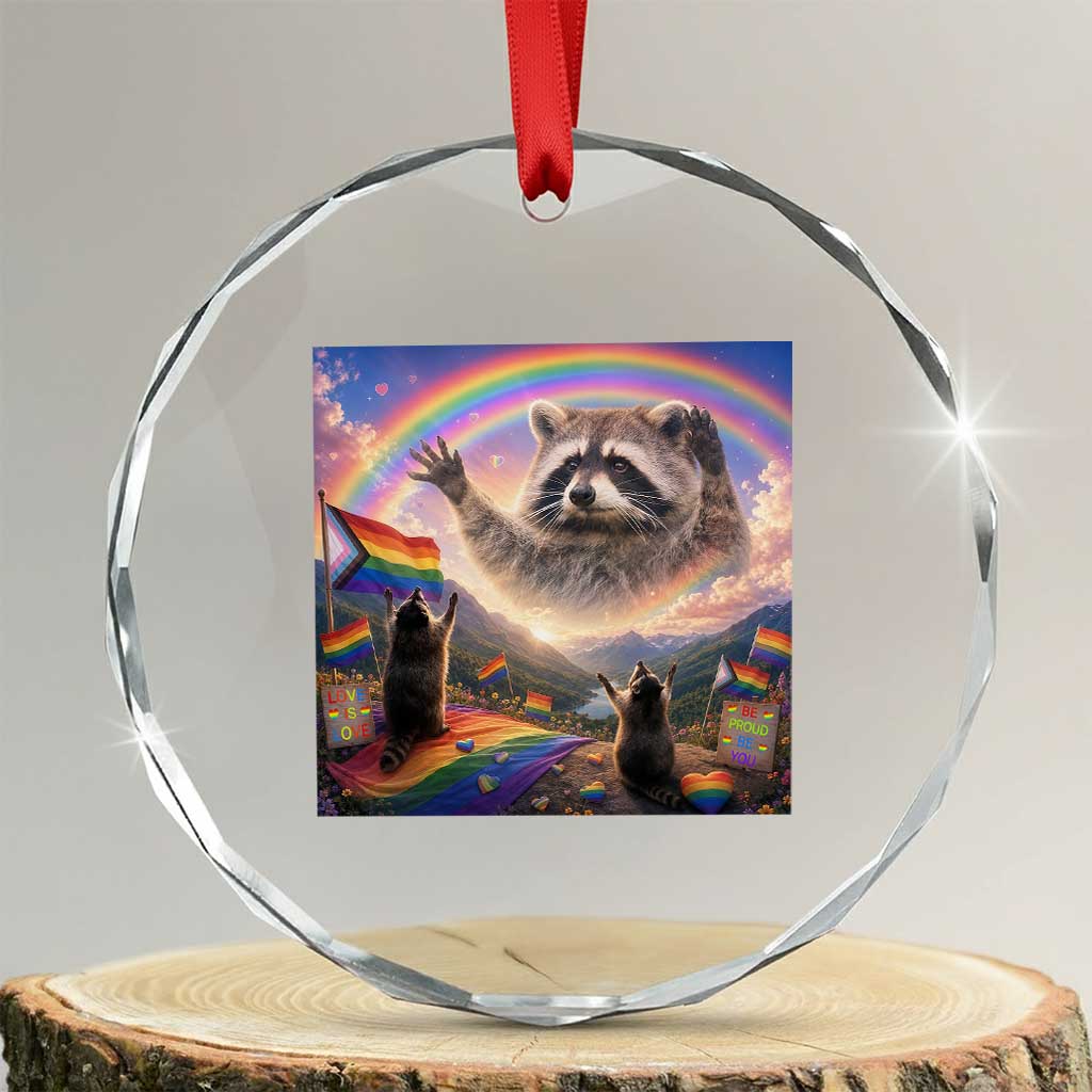 LGBTQ Pride Raccoon Rainbow Flag Crystal Glass Ornament Two Raccoons Howling to The Rainbow