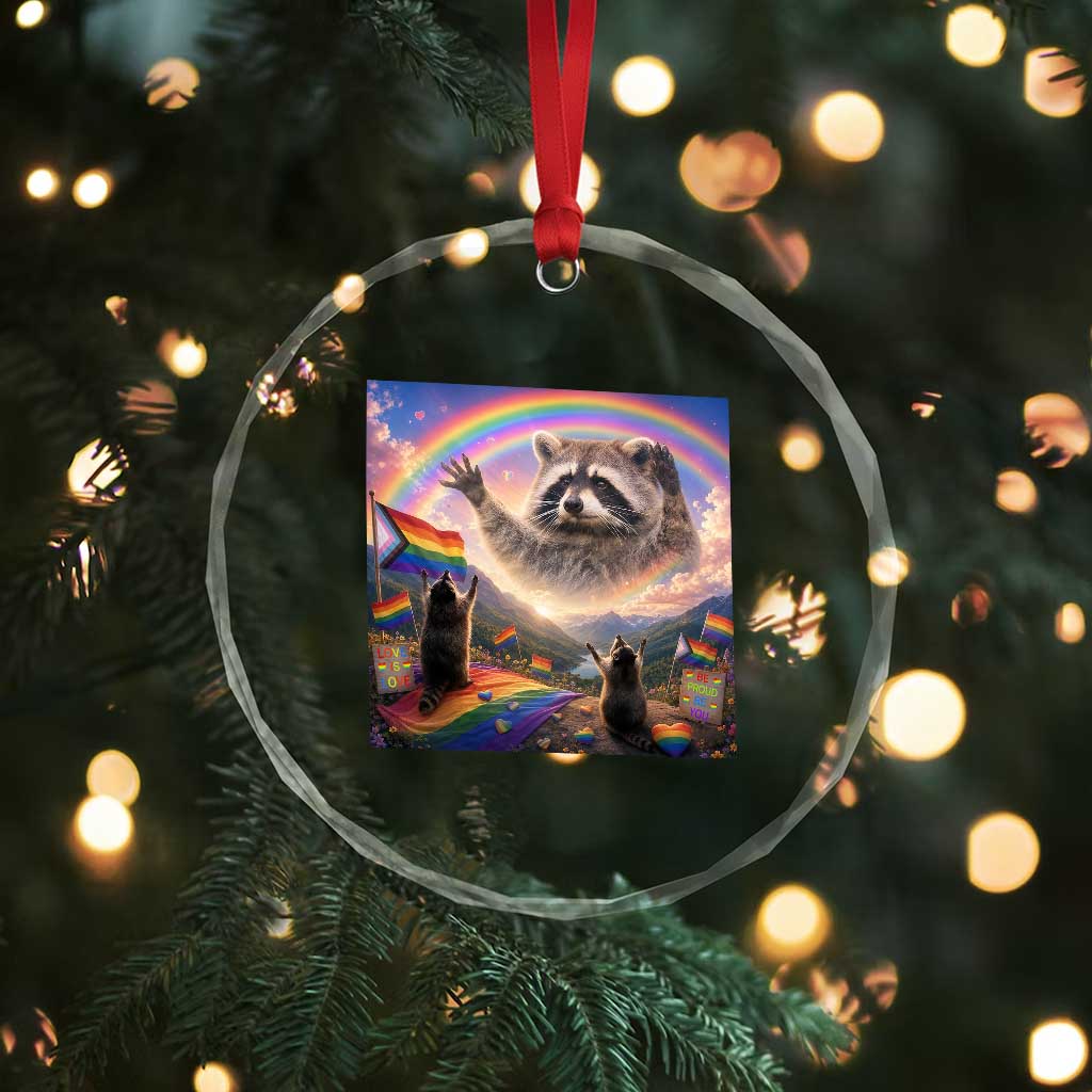 LGBTQ Pride Raccoon Rainbow Flag Crystal Glass Ornament Two Raccoons Howling to The Rainbow