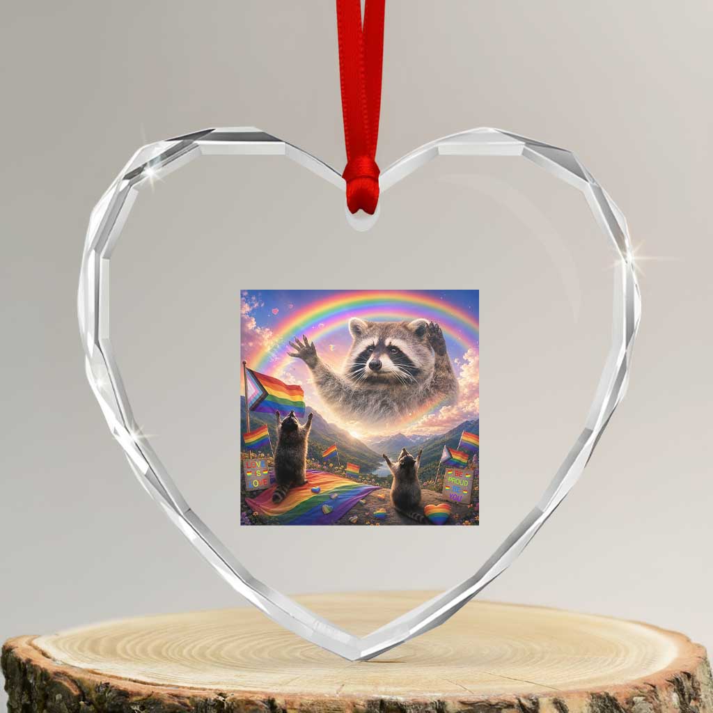 LGBTQ Pride Raccoon Rainbow Flag Heart Crystal Glass Ornament Two Raccoons Howling to The Rainbow