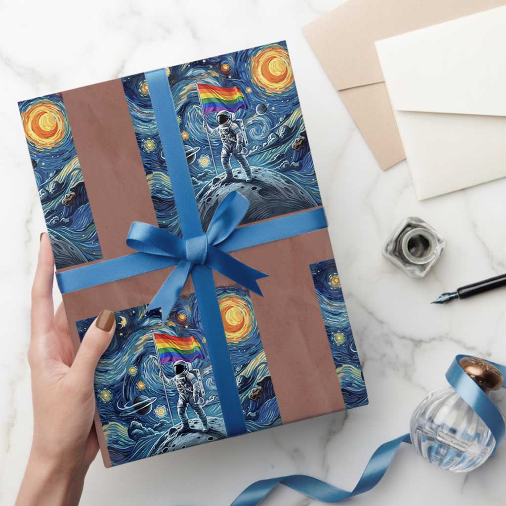 LGBTQ Rainbow Moon Astronaut Wrapping Paper Roll Starry Night Graphic