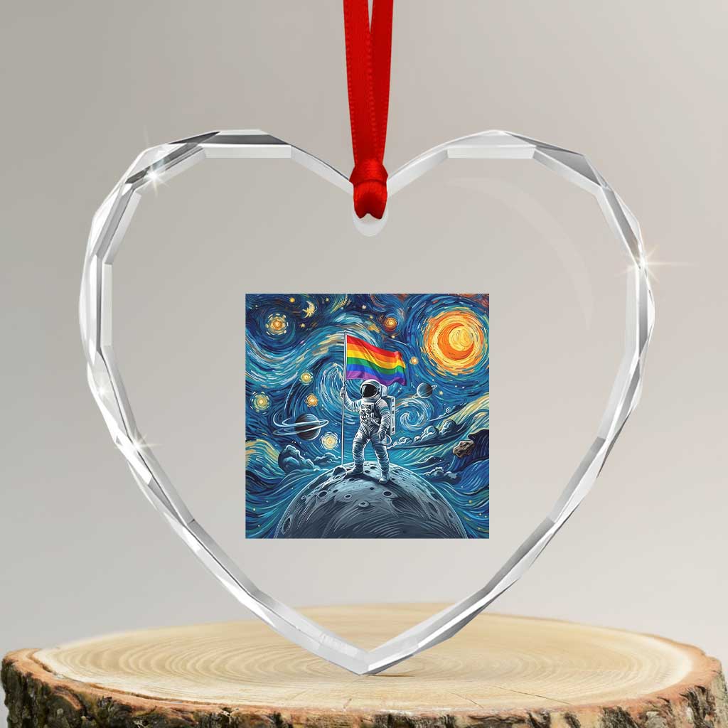 LGBTQ Rainbow Moon Astronaut Heart Crystal Glass Ornament Starry Night Graphic
