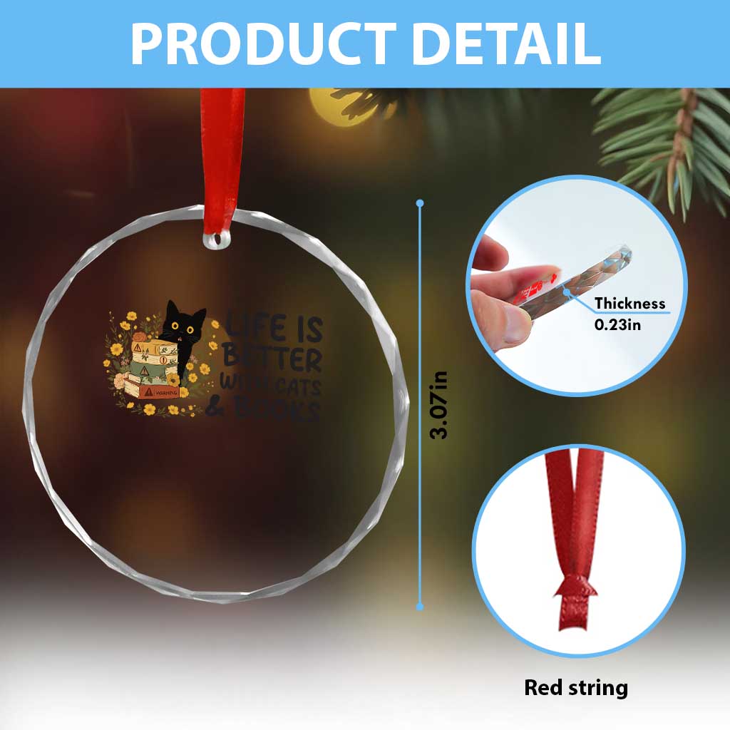 Life Is Better With Cats And Books Crystal Glass Ornament Funny Black Cat Book Lover - Wonder Print Shop