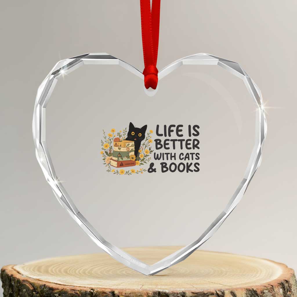 Life Is Better With Cats And Books Heart Crystal Glass Ornament Funny Black Cat Book Lover - Wonder Print Shop