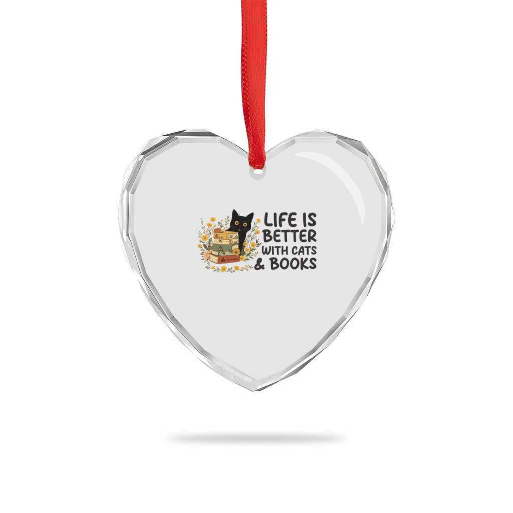 Life Is Better With Cats And Books Heart Crystal Glass Ornament Funny Black Cat Book Lover - Wonder Print Shop