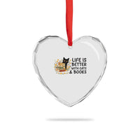 Life Is Better With Cats And Books Heart Crystal Glass Ornament Funny Black Cat Book Lover - Wonder Print Shop