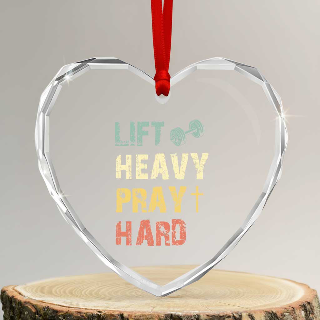 Lift Heavy Pray Hard Heart Crystal Glass Ornament Christian Workout Jesus Gym Lifting Retro Cross - Wonder Print Shop