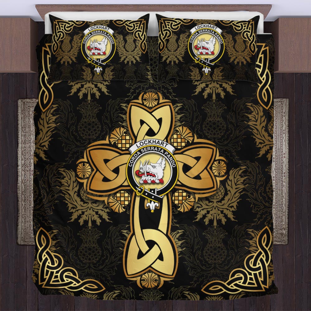 lockhart-clan-crest-golden-celtic-cross-thistle-style-bedding-set