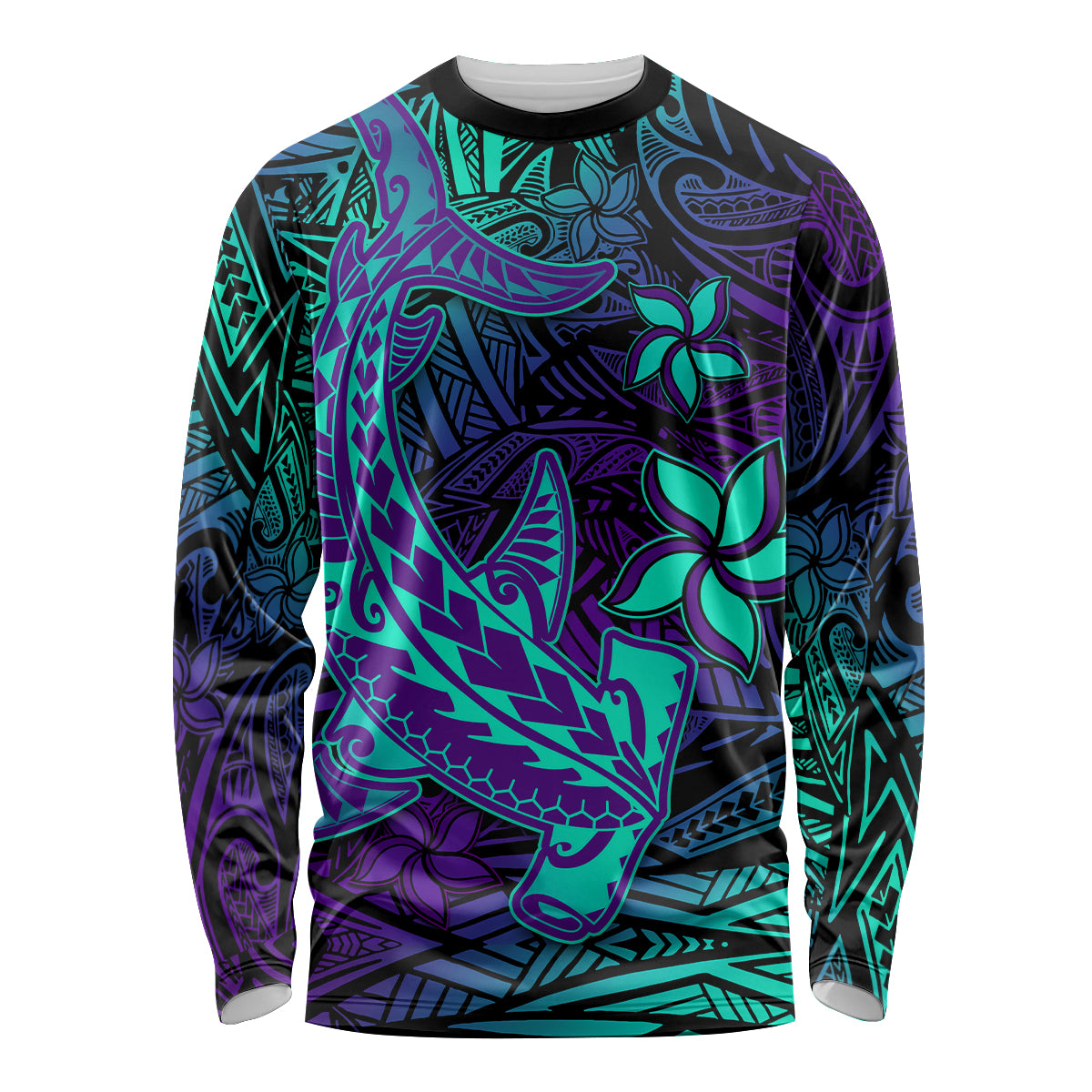 Custom Personalised Polynesian Long Sleeve Shirt Purple Paradise Hawaiian Tribal Hammerhead Shark - Wonder Print Shop