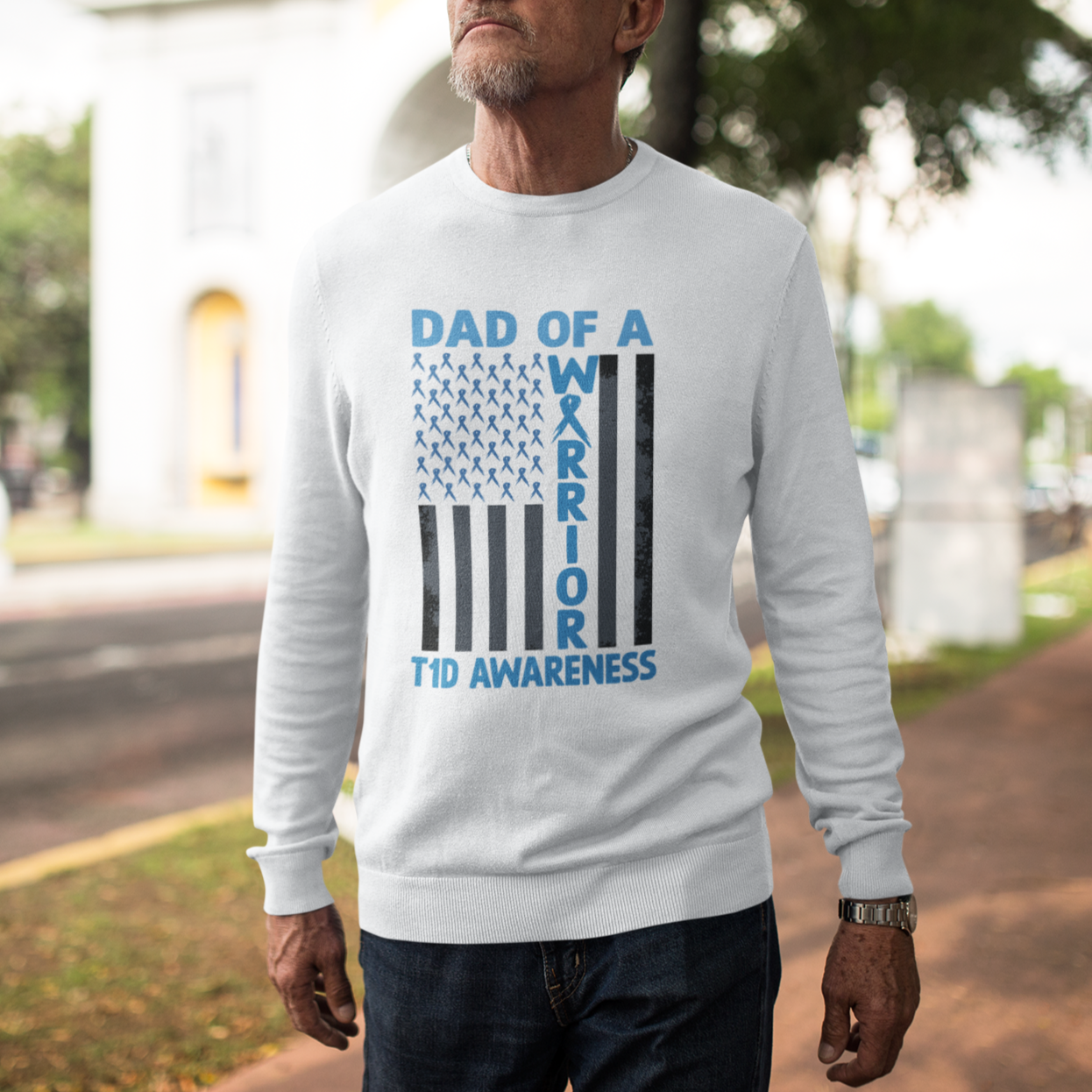 Blue American Flag Dad Of A Warrior T1D Awareness Sweatshirt - Wonder Print Shop