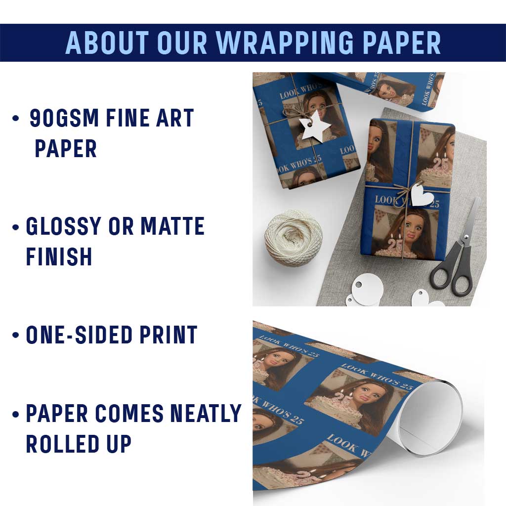 Look Who's 25 Wrapping Paper Roll Funny Birthday Doll Face Meme
