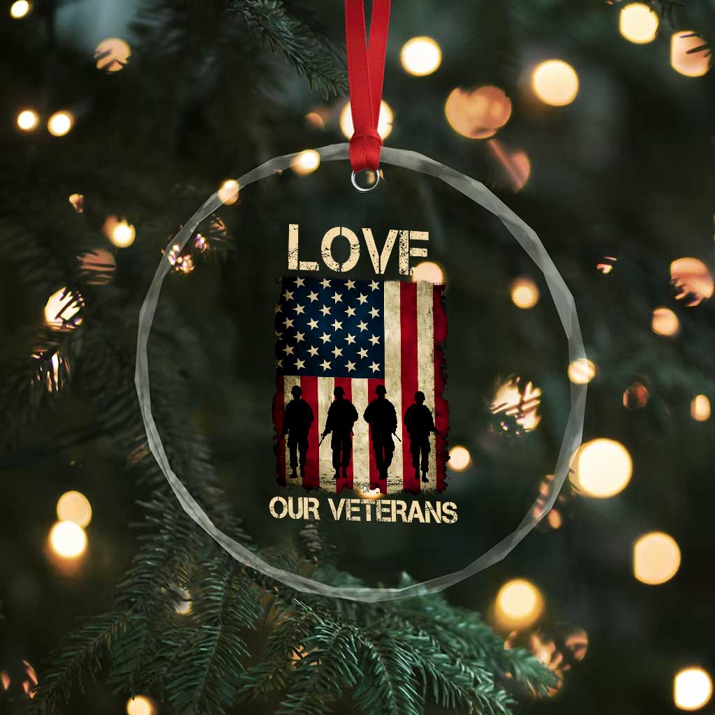Love Our Veterans Crystal Glass Ornament US Veterans Day Proud Military Family US Flag - Wonder Print Shop