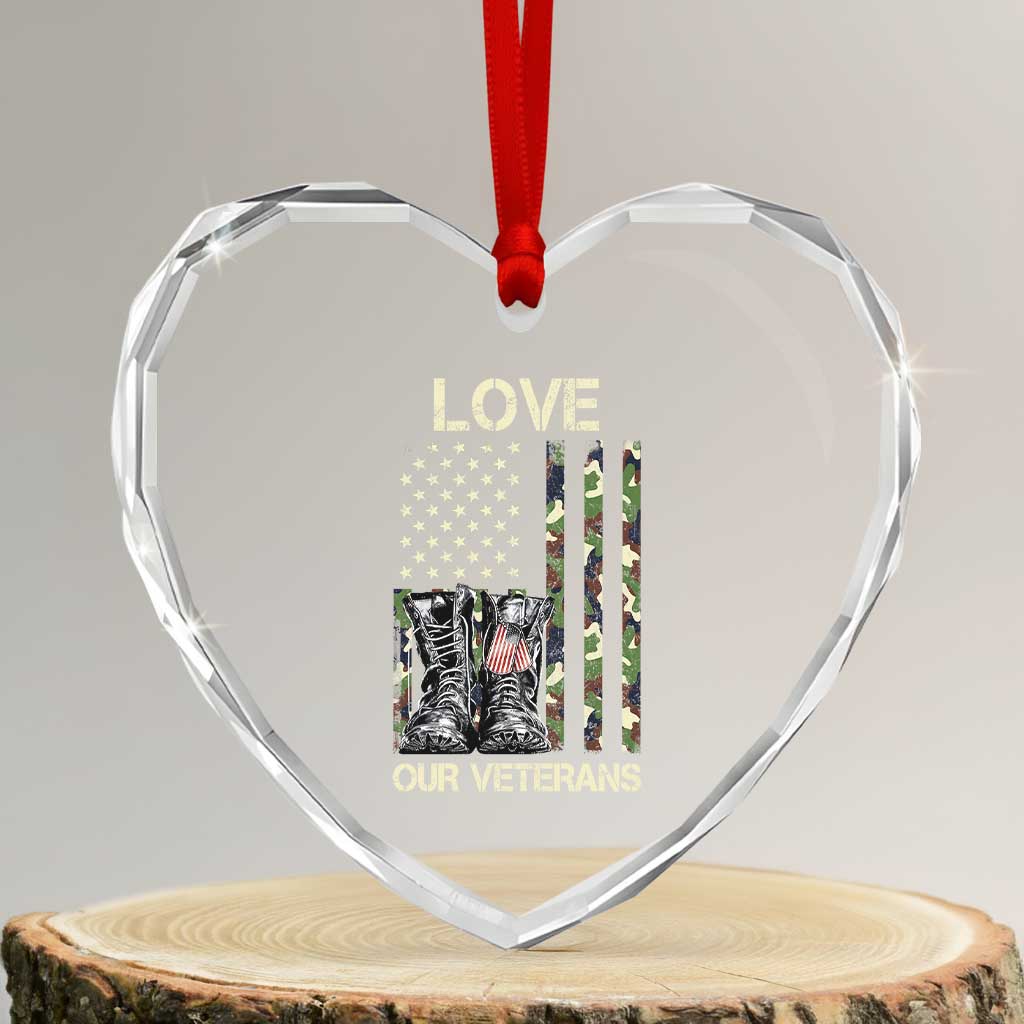 Love Our Veterans Heart Crystal Glass Ornament Camo American Flag Military Supportive Veterans Day - Wonder Print Shop