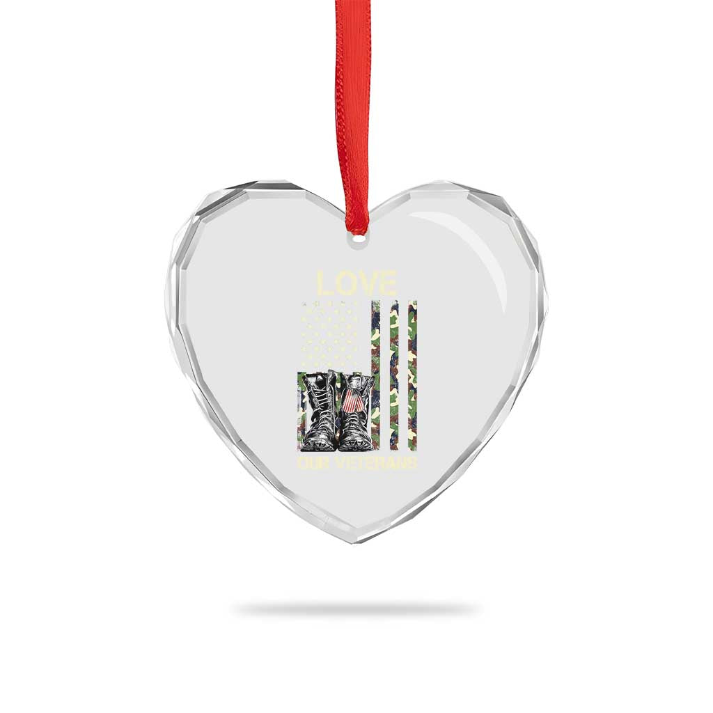 Love Our Veterans Heart Crystal Glass Ornament Camo American Flag Military Supportive Veterans Day - Wonder Print Shop
