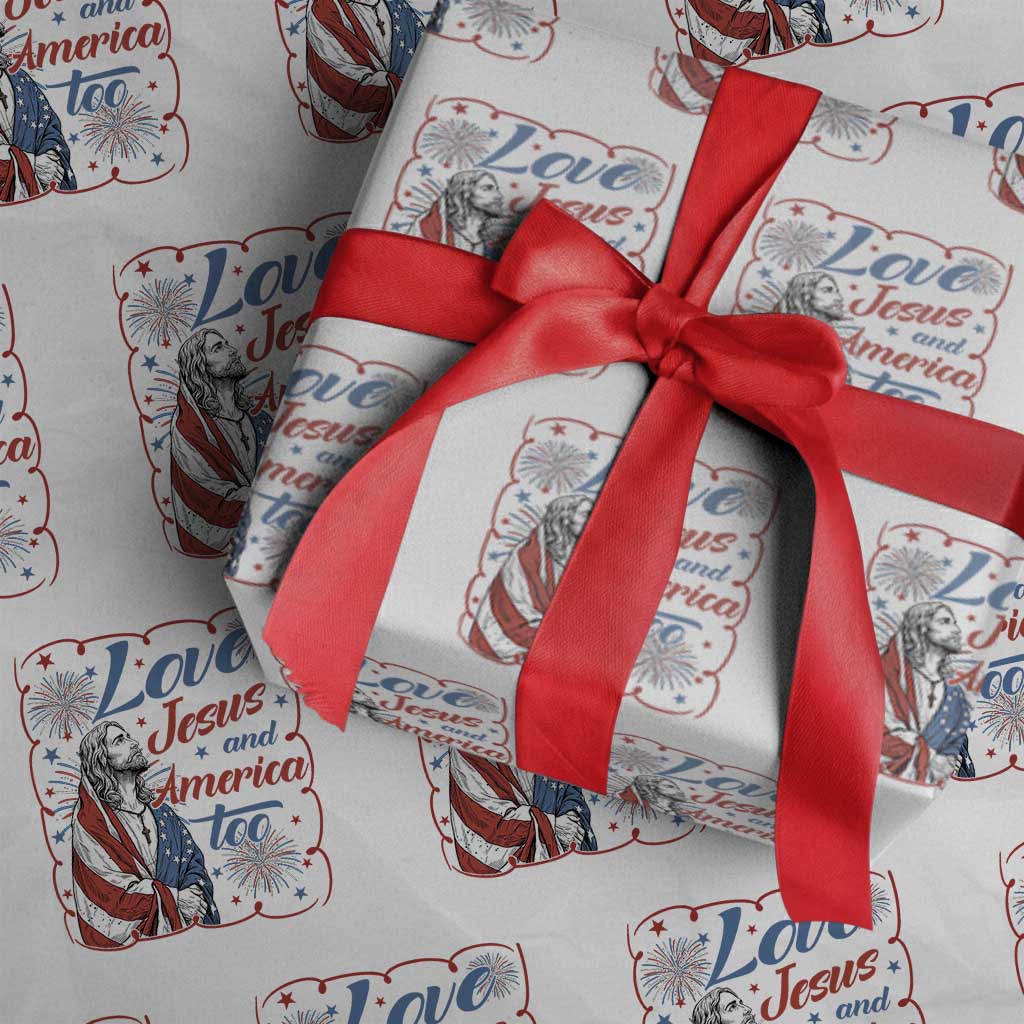 Loves Jesus and America Too Wrapping Paper Roll Patriotic Christian Jesus 4th of July