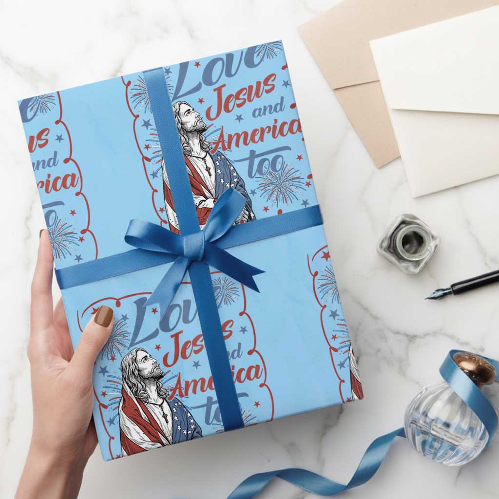 Loves Jesus and America Too Wrapping Paper Roll Patriotic Christian Jesus 4th of July