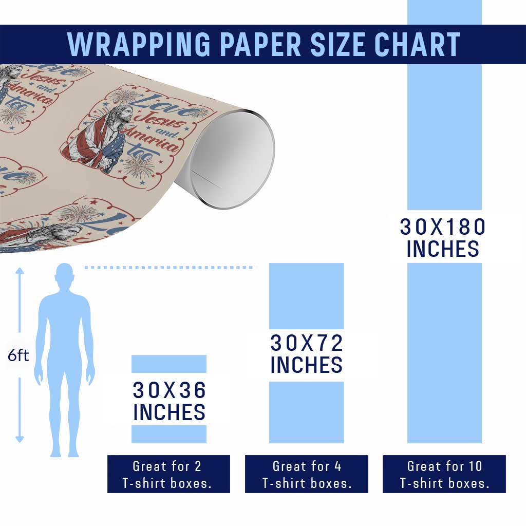 Loves Jesus and America Too Wrapping Paper Roll Patriotic Christian Jesus 4th of July