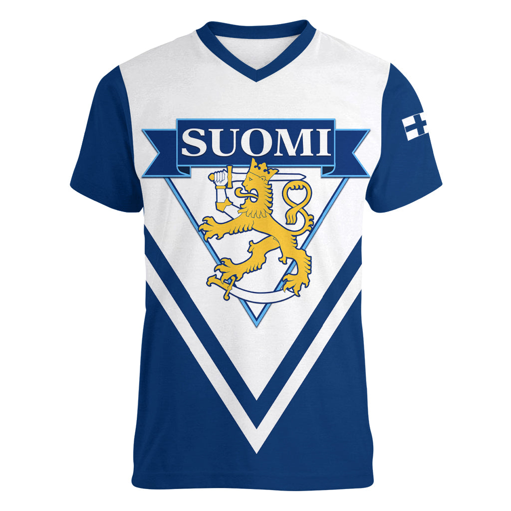 Finland Hockey 2024 Women V-Neck T-Shirt Come on Leijonat - Wonder Print Shop