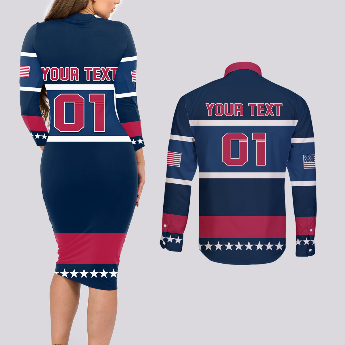USA Hockey 2024 Couples Matching Long Sleeve Bodycon Dress and Long Sleeve Button Shirt Go Team USA - Wonder Print Shop