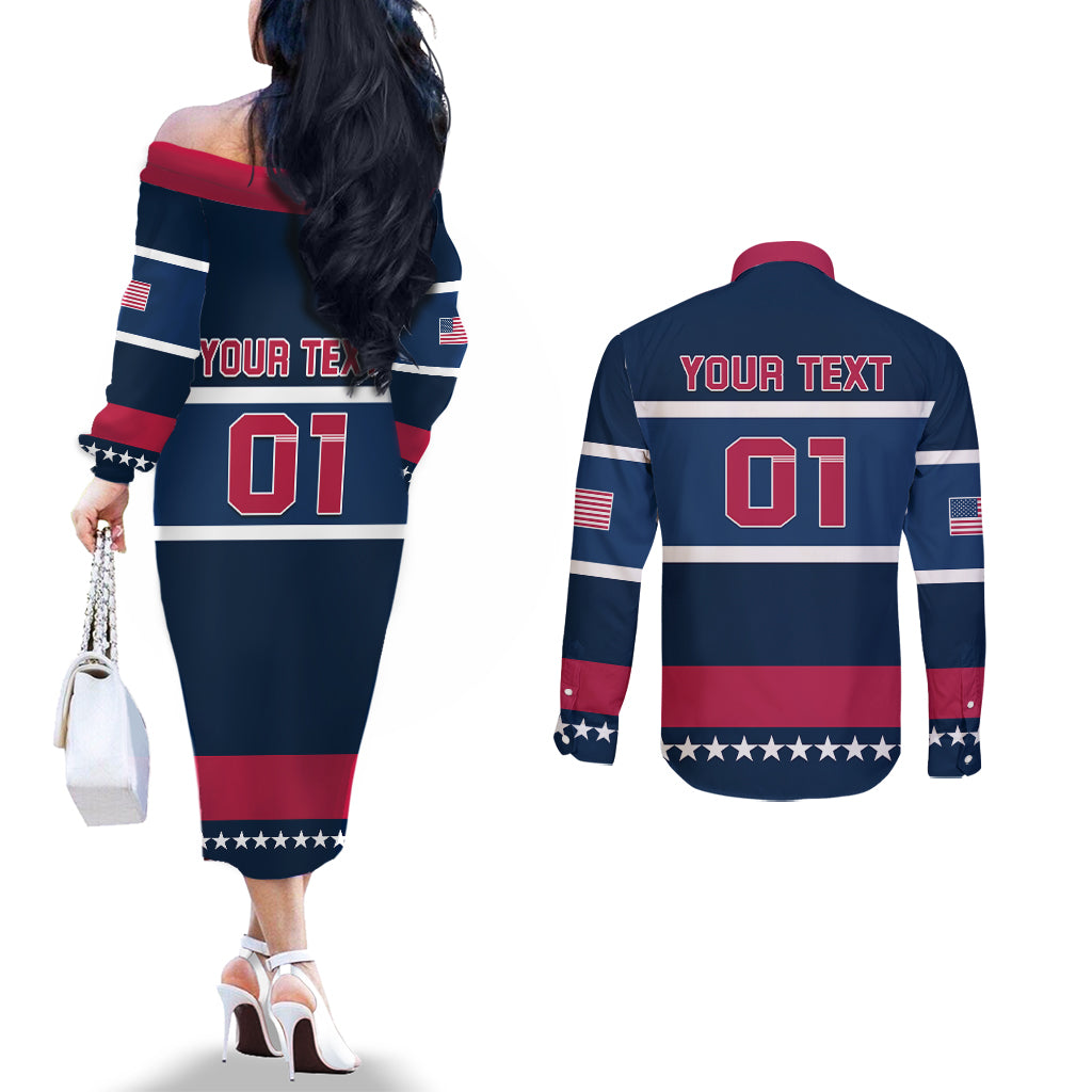 USA Hockey 2024 Couples Matching Off The Shoulder Long Sleeve Dress and Long Sleeve Button Shirt Go Team USA