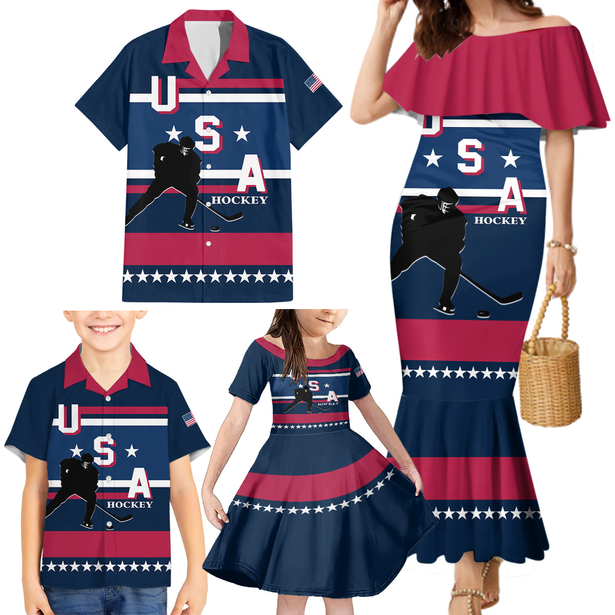 USA Hockey 2024 Family Matching Mermaid Dress and Hawaiian Shirt Go Team USA - Wonder Print Shop