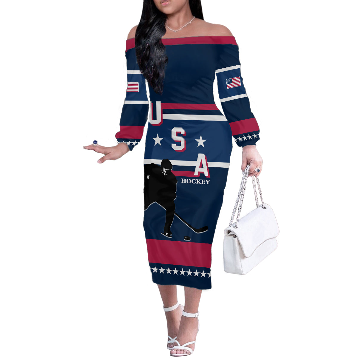 USA Hockey 2024 Family Matching Off The Shoulder Long Sleeve Dress and Hawaiian Shirt Go Team USA - Wonder Print Shop