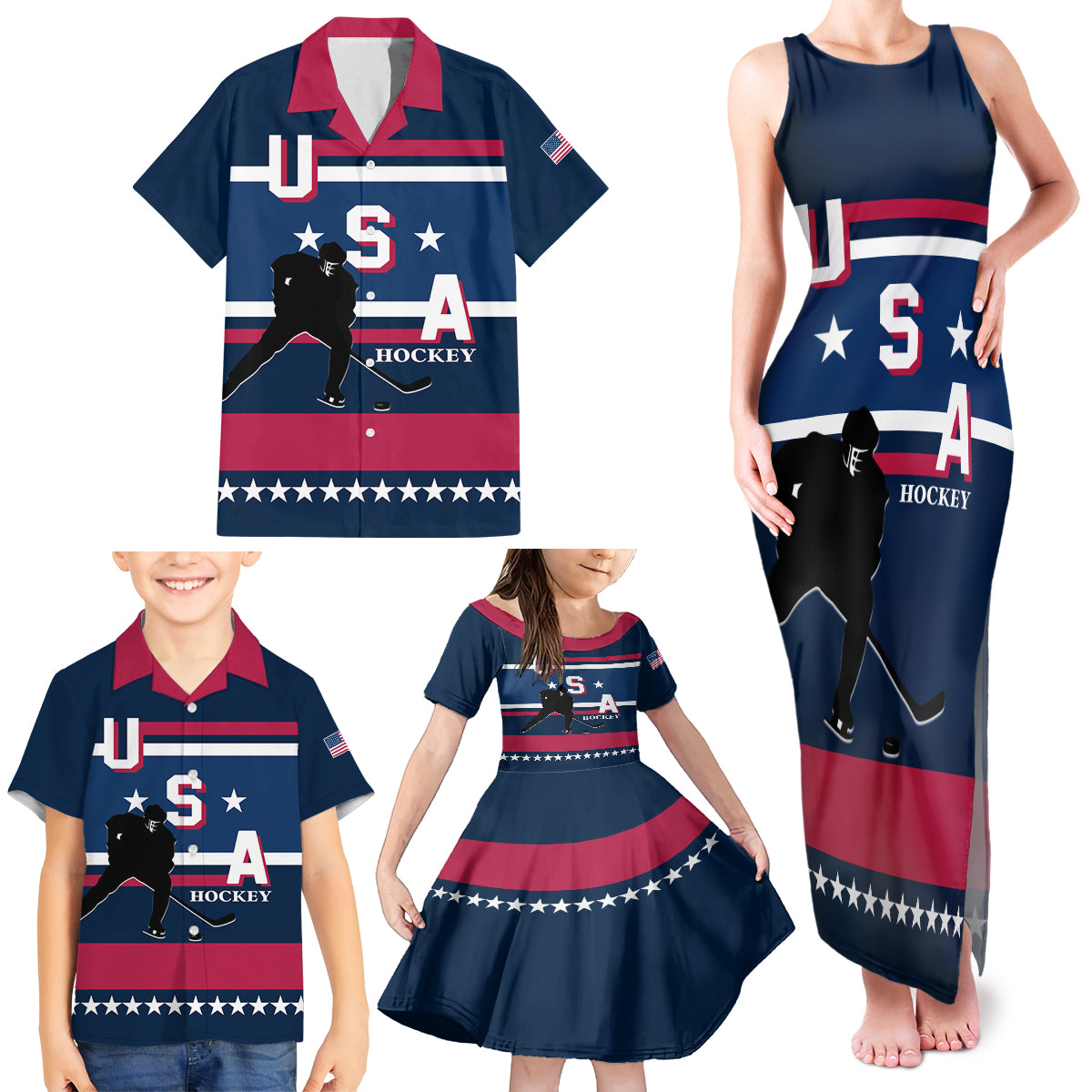 USA Hockey 2024 Family Matching Tank Maxi Dress and Hawaiian Shirt Go Team USA - Wonder Print Shop