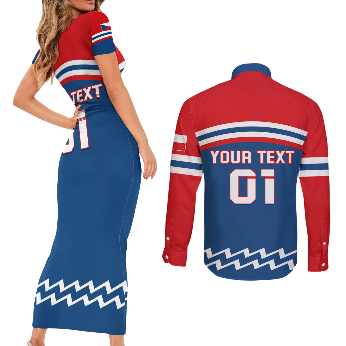 Czech Hockey 2024 Couples Matching Short Sleeve Bodycon Dress and Long Sleeve Button Shirt Come on Czechia - Wonder Print Shop