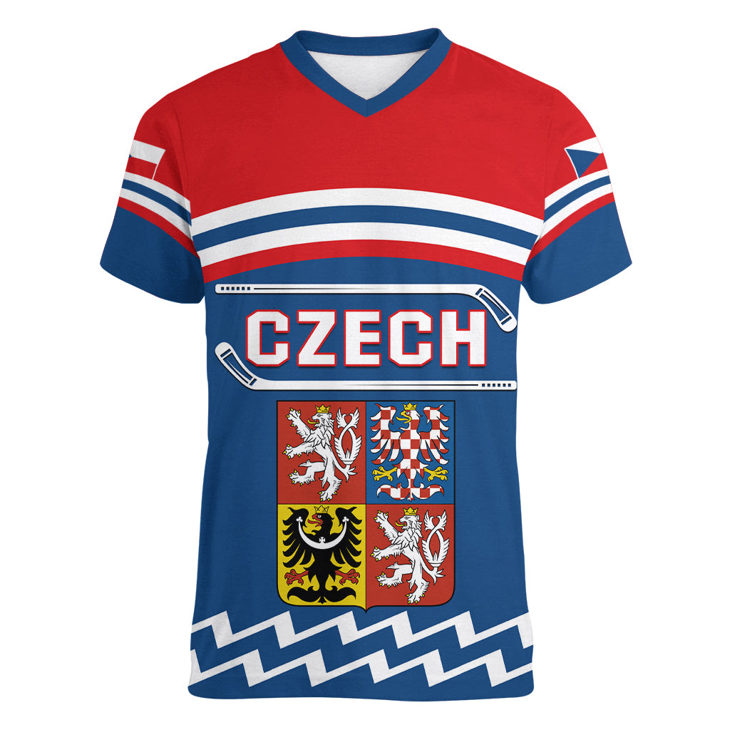 Czech Hockey 2024 Women V-Neck T-Shirt Come on Czechia - Wonder Print Shop