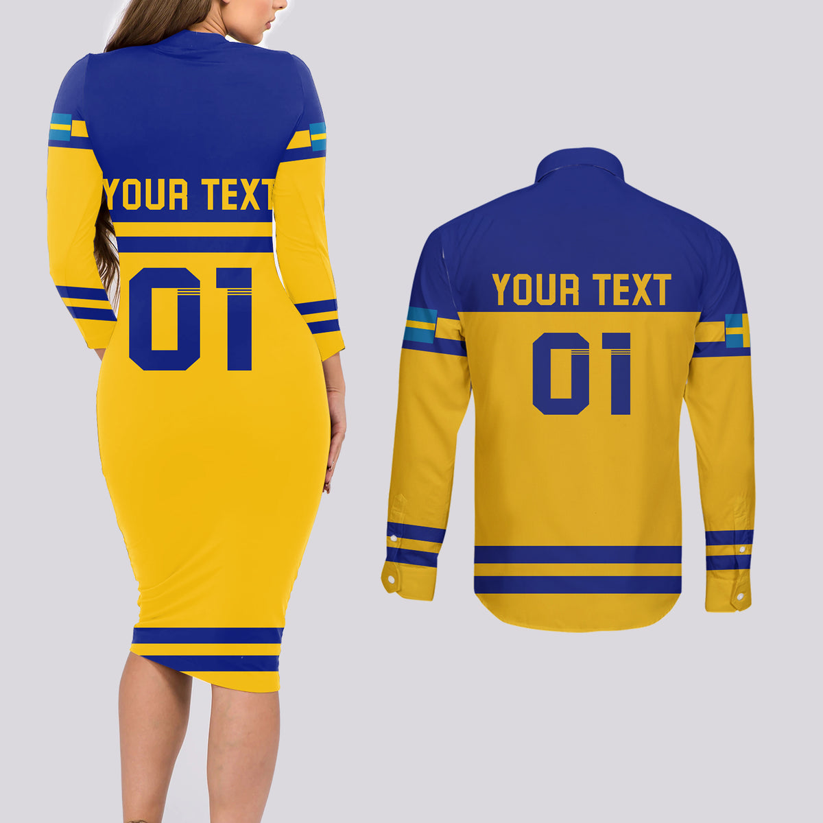 Sweden Hockey 2024 Couples Matching Long Sleeve Bodycon Dress and Long Sleeve Button Shirt Tre Kronor Come on - Wonder Print Shop