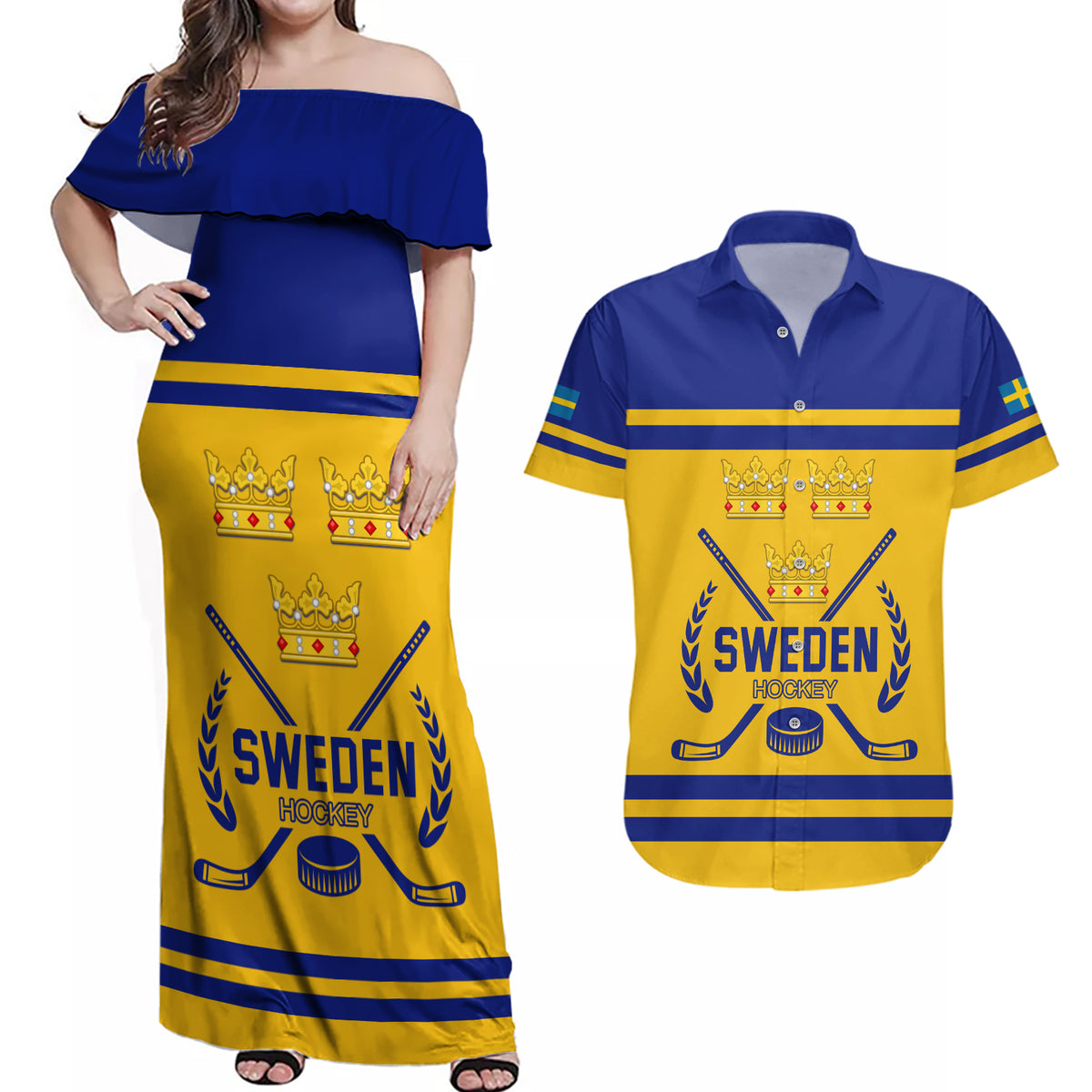 Sweden Hockey 2024 Couples Matching Off Shoulder Maxi Dress and Hawaiian Shirt Tre Kronor Come on - Wonder Print Shop