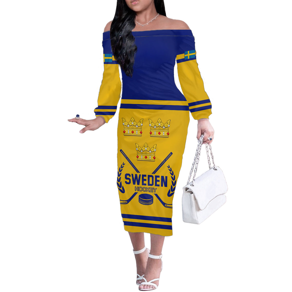 Sweden Hockey 2024 Family Matching Off The Shoulder Long Sleeve Dress and Hawaiian Shirt Tre Kronor Come on - Wonder Print Shop