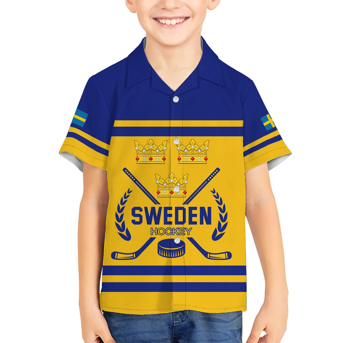 Sweden Hockey 2024 Family Matching Short Sleeve Bodycon Dress and Hawaiian Shirt Tre Kronor Come on - Wonder Print Shop