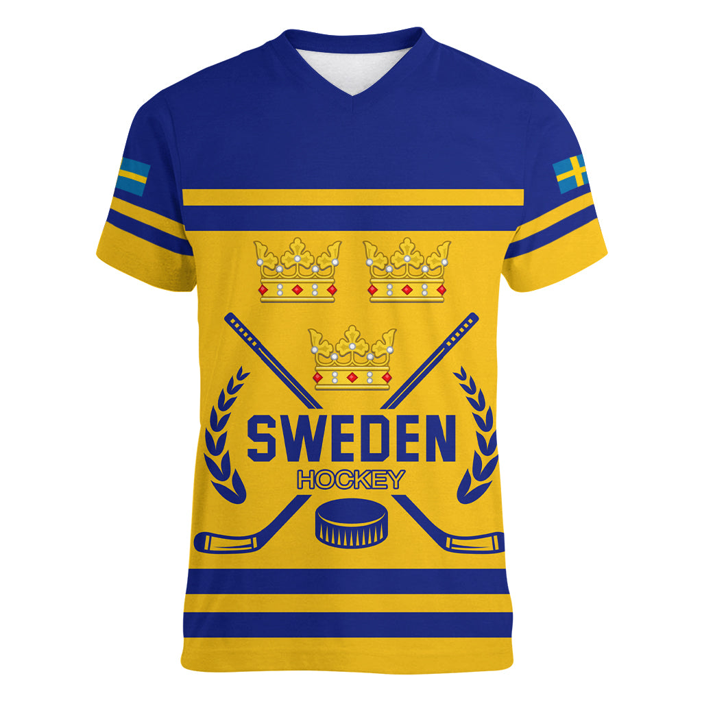 Sweden Hockey 2024 Women V-Neck T-Shirt Tre Kronor Come on - Wonder Print Shop