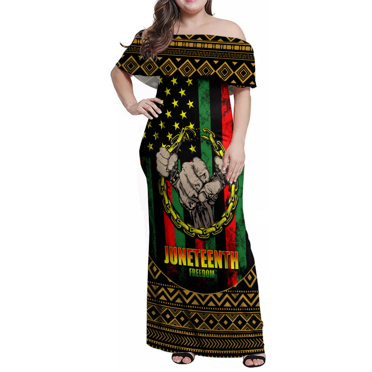 Juneteenth Celebration 2024 Family Matching Off Shoulder Maxi Dress and Hawaiian Shirt Black History June 19 - Wonder Print Shop