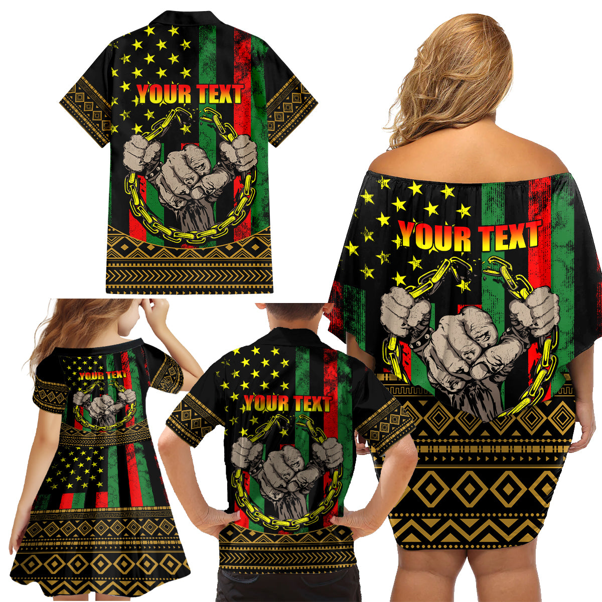Juneteenth Celebration 2024 Family Matching Off Shoulder Short Dress and Hawaiian Shirt Black History June 19 - Wonder Print Shop