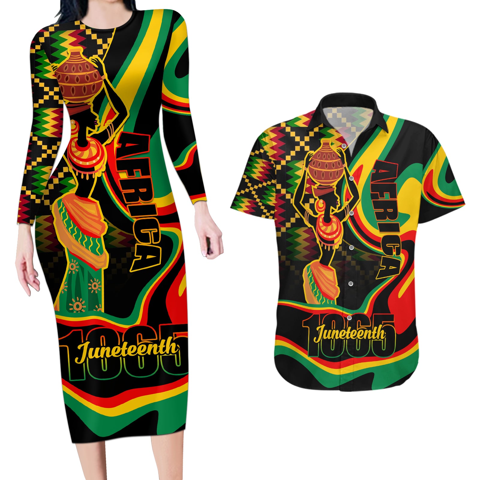 Juneteenth 2024 Couples Matching Long Sleeve Bodycon Dress and Hawaiian Shirt 1865 Freedom Day Anniversary - Wonder Print Shop