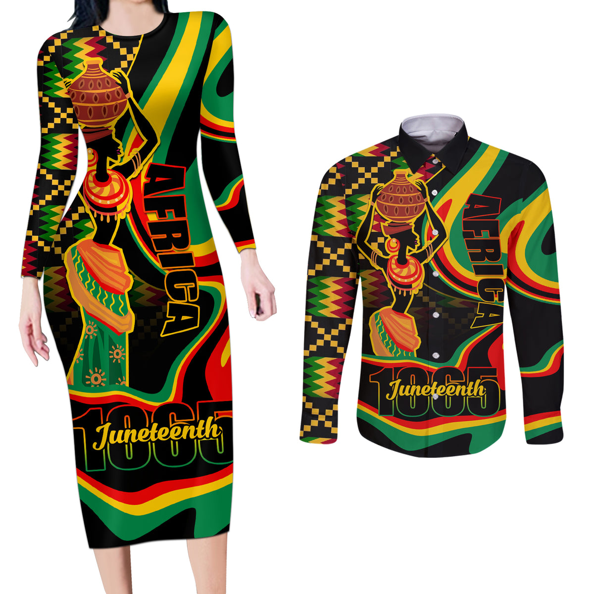 Juneteenth 2024 Couples Matching Long Sleeve Bodycon Dress and Long Sleeve Button Shirt 1865 Freedom Day Anniversary - Wonder Print Shop