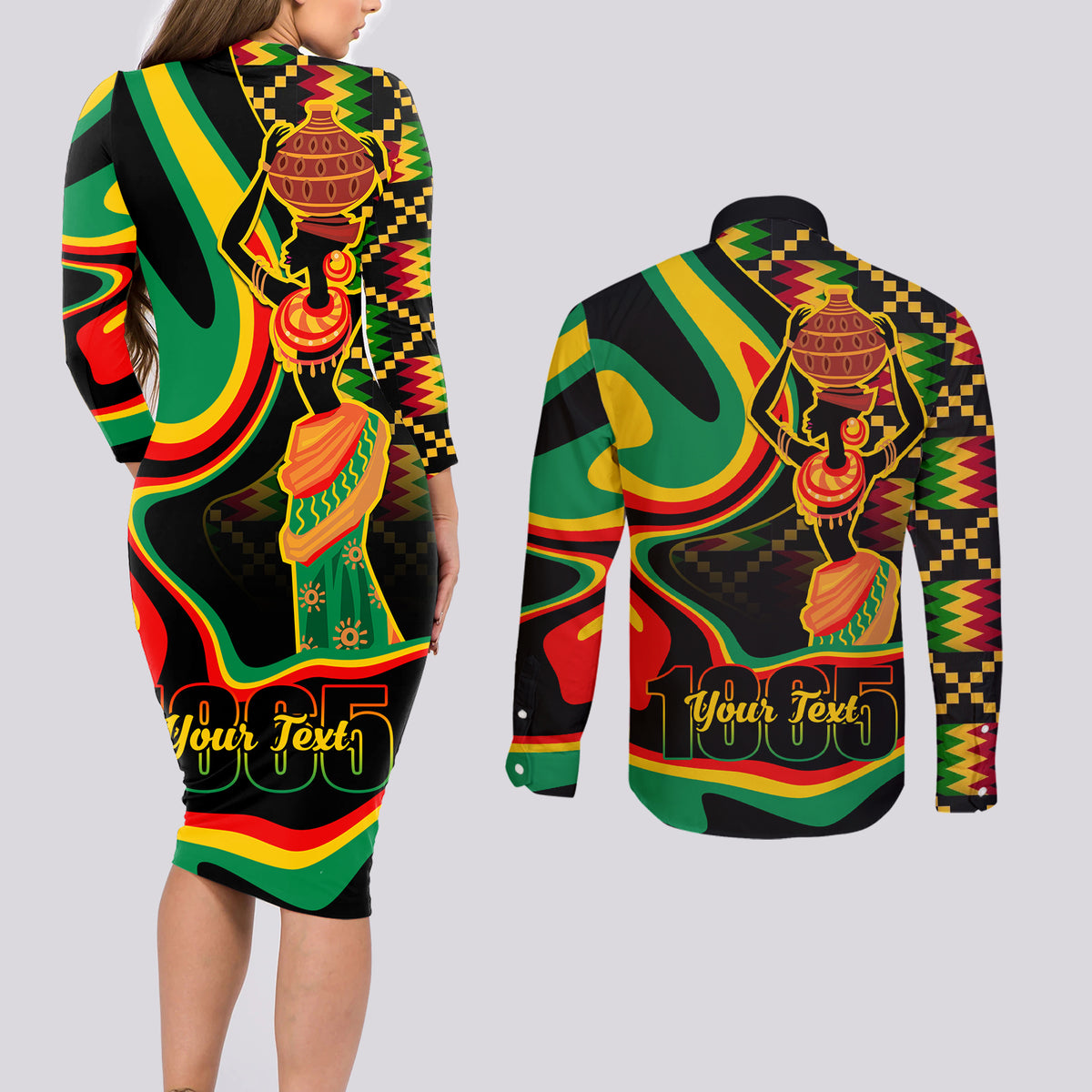Juneteenth 2024 Couples Matching Long Sleeve Bodycon Dress and Long Sleeve Button Shirt 1865 Freedom Day Anniversary - Wonder Print Shop