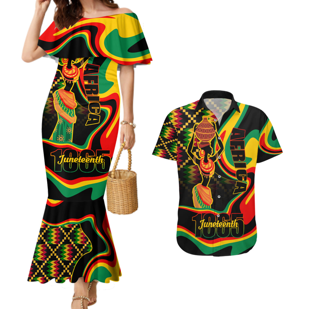 Juneteenth 2024 Couples Matching Mermaid Dress and Hawaiian Shirt 1865 Freedom Day Anniversary - Wonder Print Shop