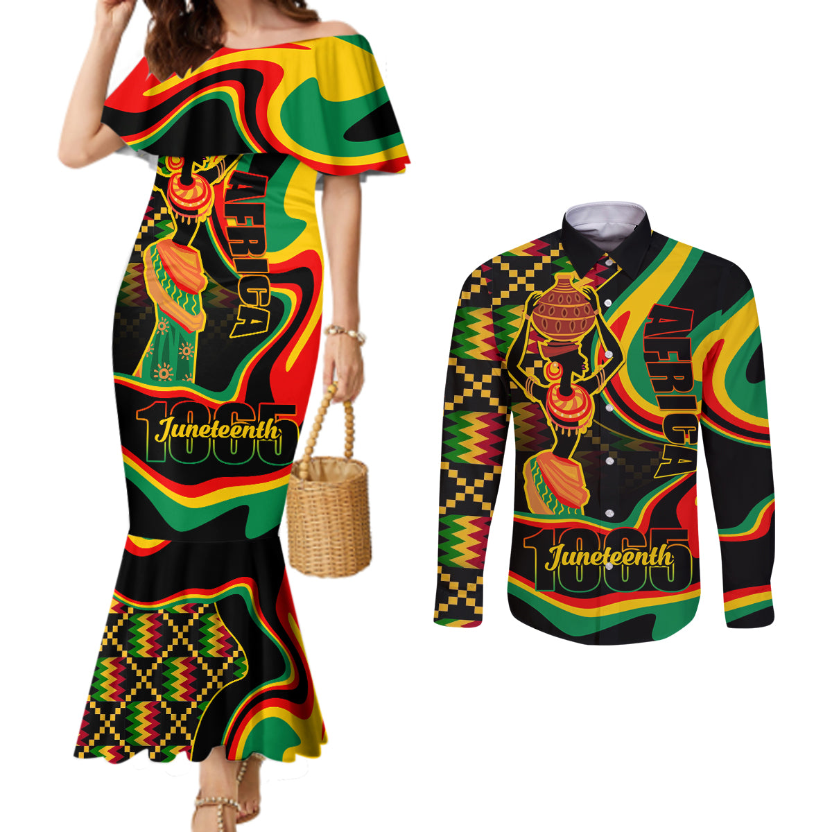 Juneteenth 2024 Couples Matching Mermaid Dress and Long Sleeve Button Shirt 1865 Freedom Day Anniversary