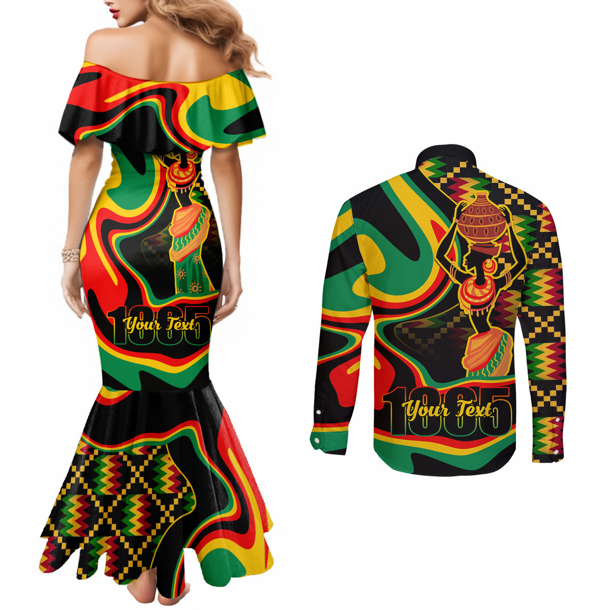 Juneteenth 2024 Couples Matching Mermaid Dress and Long Sleeve Button Shirt 1865 Freedom Day Anniversary