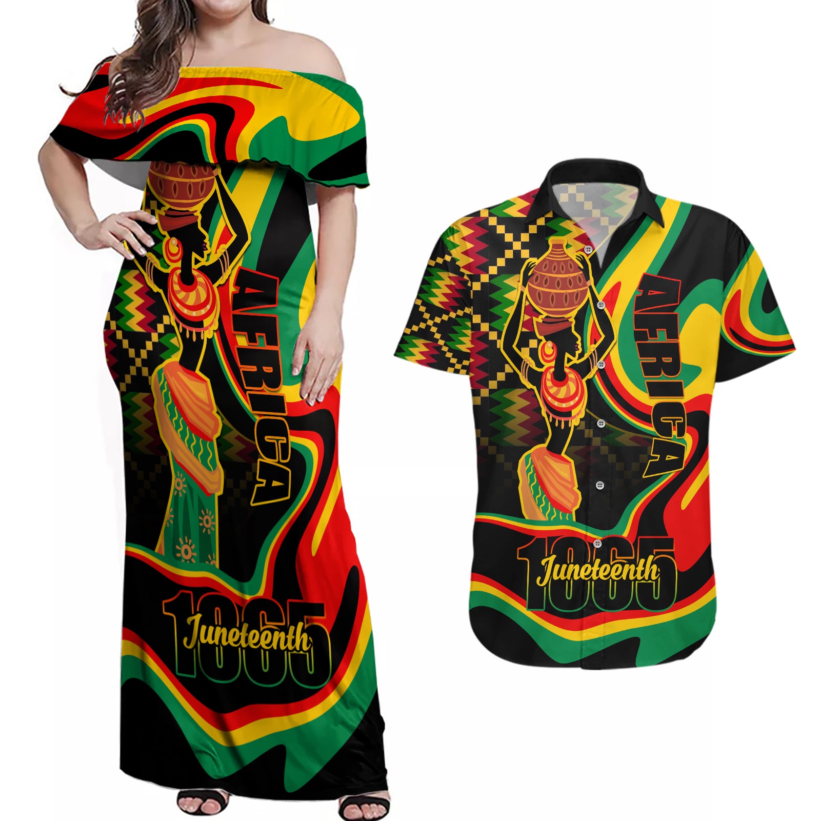 Juneteenth 2024 Couples Matching Off Shoulder Maxi Dress and Hawaiian Shirt 1865 Freedom Day Anniversary - Wonder Print Shop